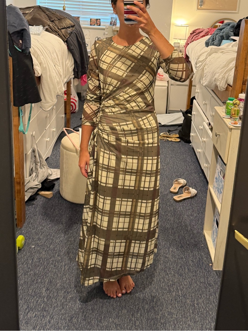 Anthropologie Brown and Cream Plaid Long Sleeve Wrap Dress